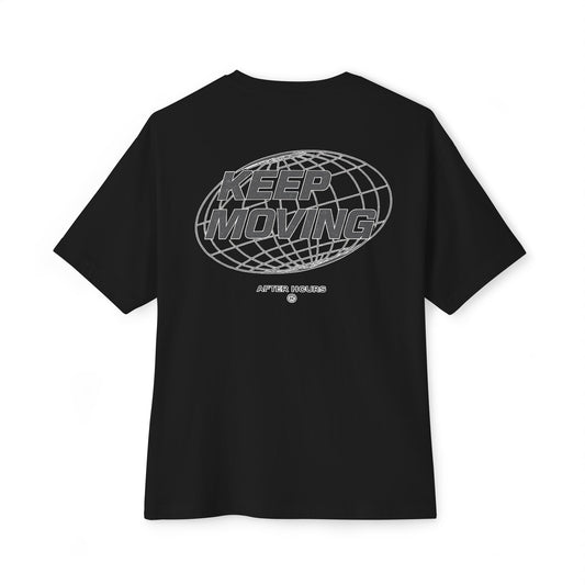Keep Moving Tee — Black Graphic Oversized Boxy Shirt with Globe Design